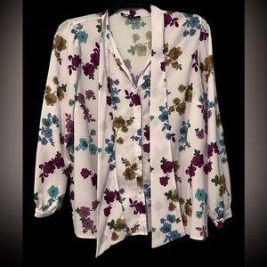 ELOQUII Long Sleeve Blouse, Size 16, Functional Neck Tie, Floral Print